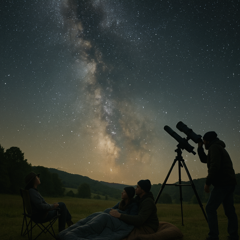 Turistas observando estrelas em uma fazenda