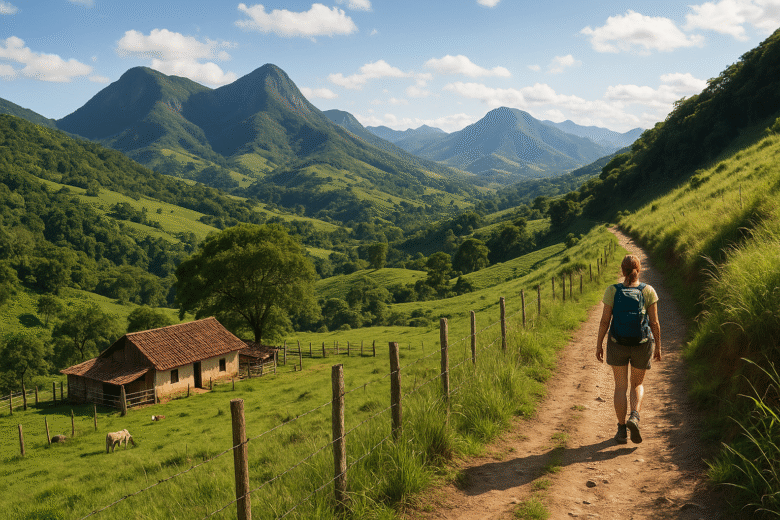 Trilha entre montanhas e pastagens